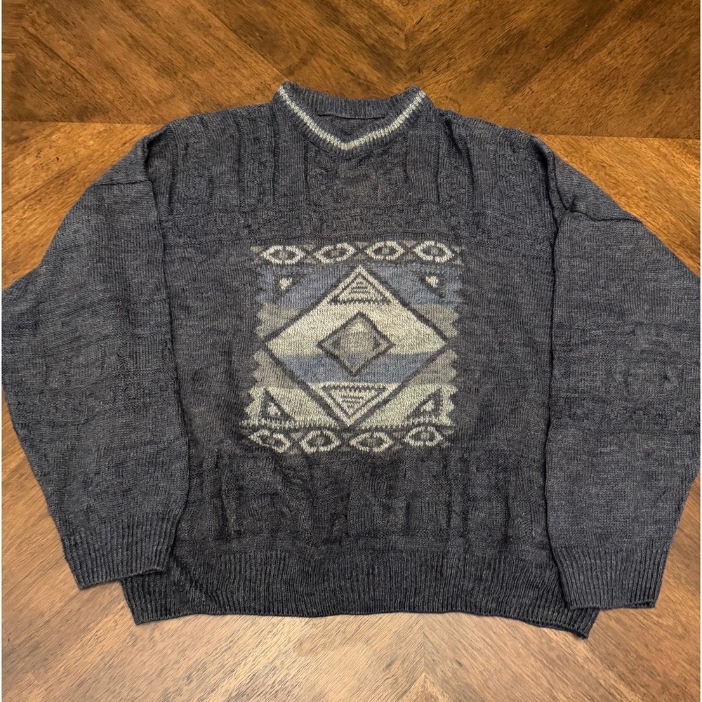 Vintage St Bernard Mens XL Geometric Southwestern Knit Sweater Charcoal Grey